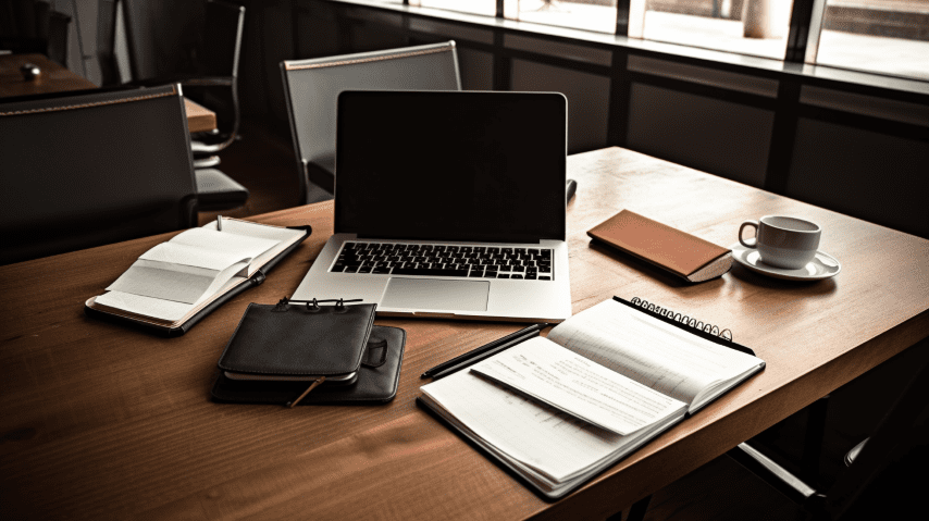 a laptop on a desk with some organizers and planners