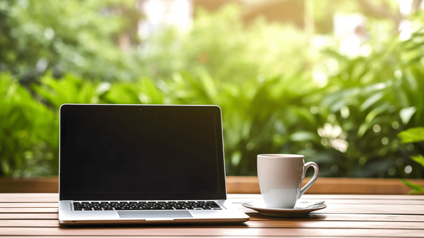 a laptop and a coffee table